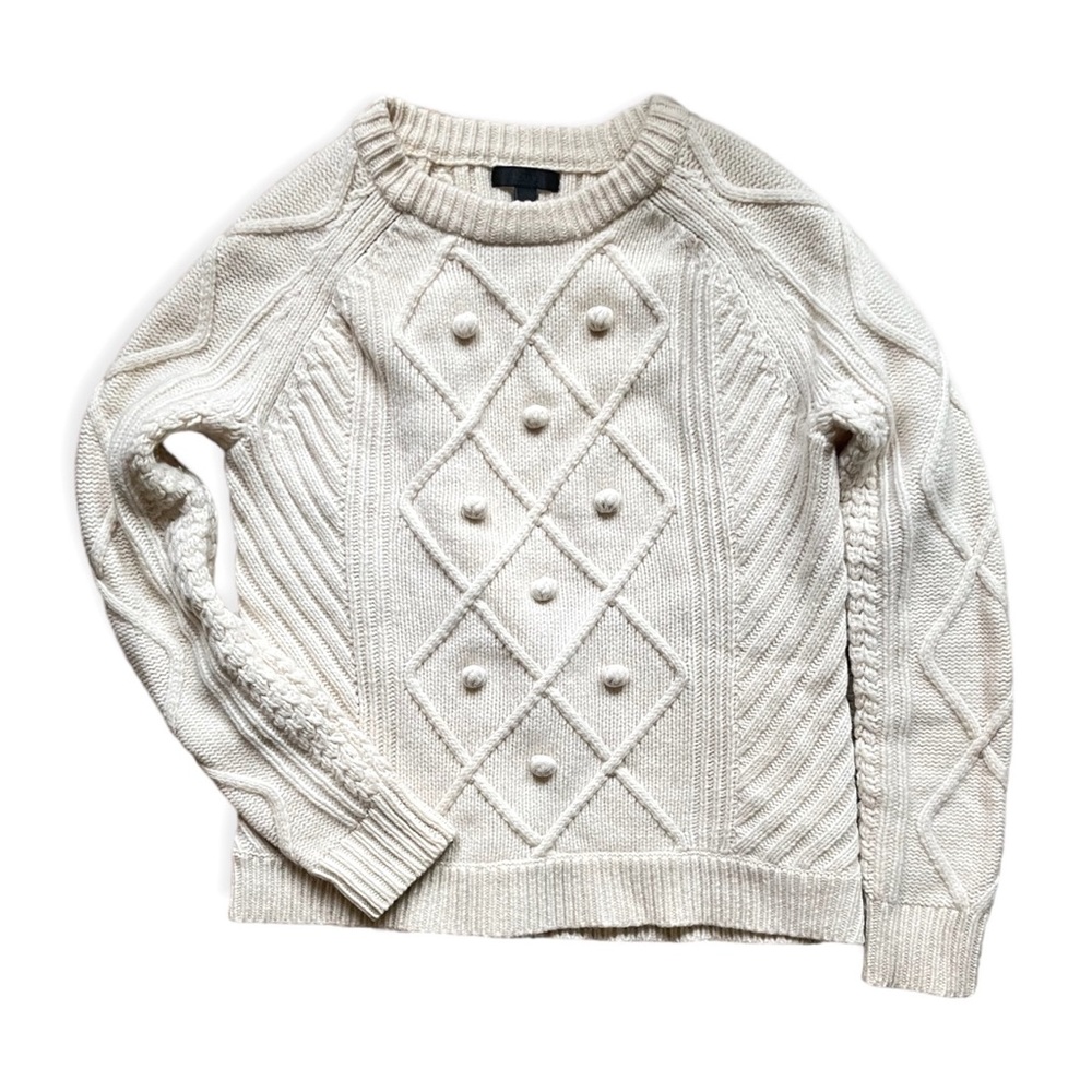 Beautiful J. Crew Ivory Aran 100% Wool Sweater, sz XS